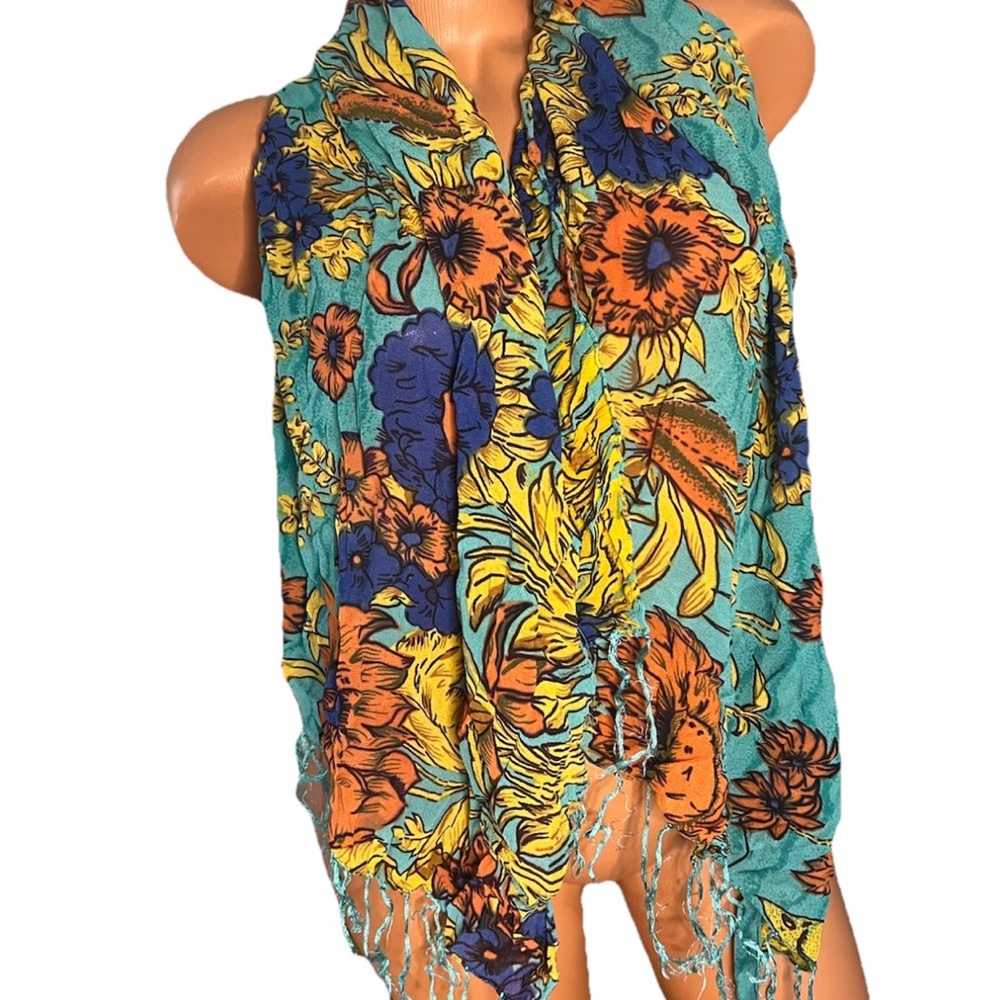 Floral Scarf with Fringe Silk Blue Teal Gold Orange